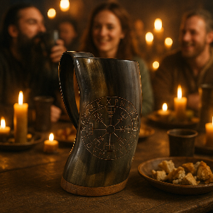 Handgefertigter Hornkrug aus echtem Horn mit Vegvisir Gravur“